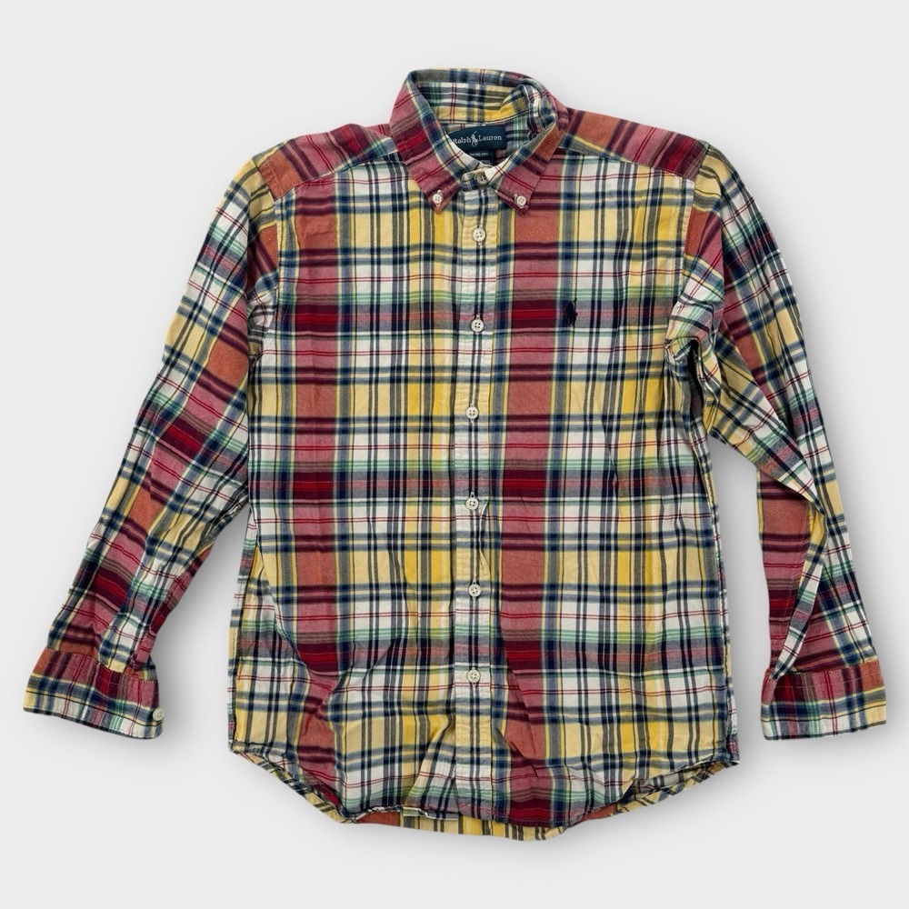 Ralph Lauren Shirt Boys Medium 10-12 Classic Fit Plaid LS Cotton Preppy Button‎
